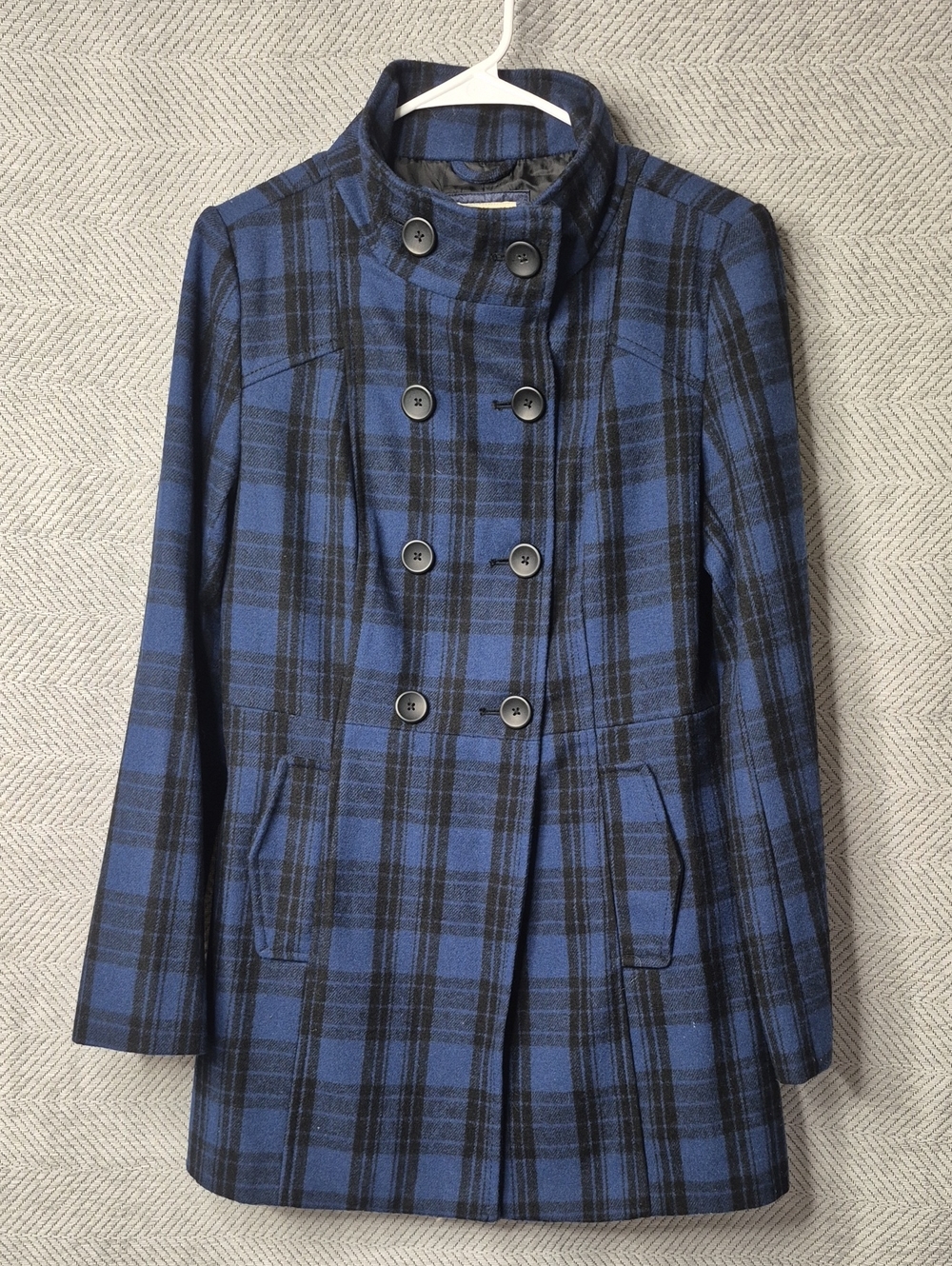 EUC Wool Blend Old Navy Plaid Double Breasted Pea Coat Blue Women's M